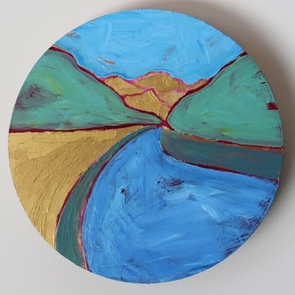 landscape with river and mountains painted on board