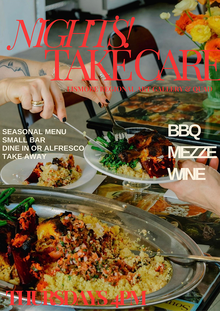 A flyer saying 'Nights! Take Care', in red text on top of a photo with hards sharing a plate of food with BBQ, Mezze and winr