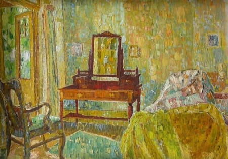 dressing table and chair with open door