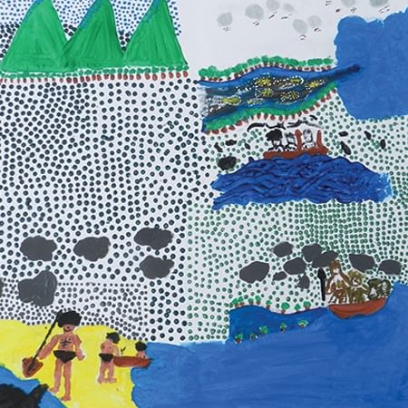 painting of beach, sea and people with boats