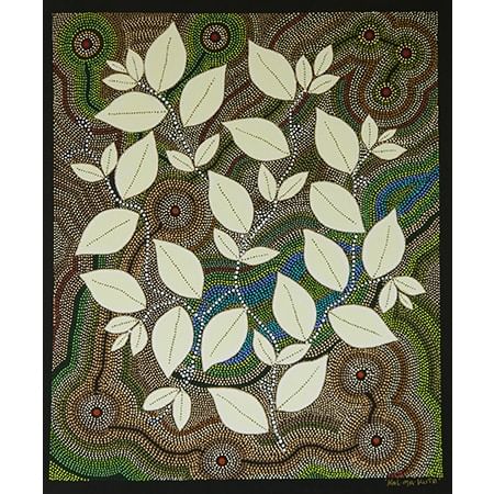 branches with leaves on a background of dot painting