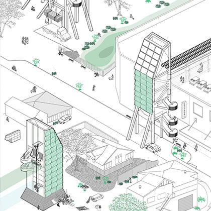 Architectural drawings of town with tower buildings for flood refuge