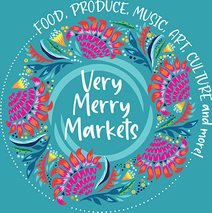 promotional tile for 'Very Merry Markets' with images of native flowers