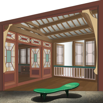 Marc Newson, Orgone Lounge 1989.Orgone lounge in front of quadratura photomural (illusionary images created on walls and ceilings)