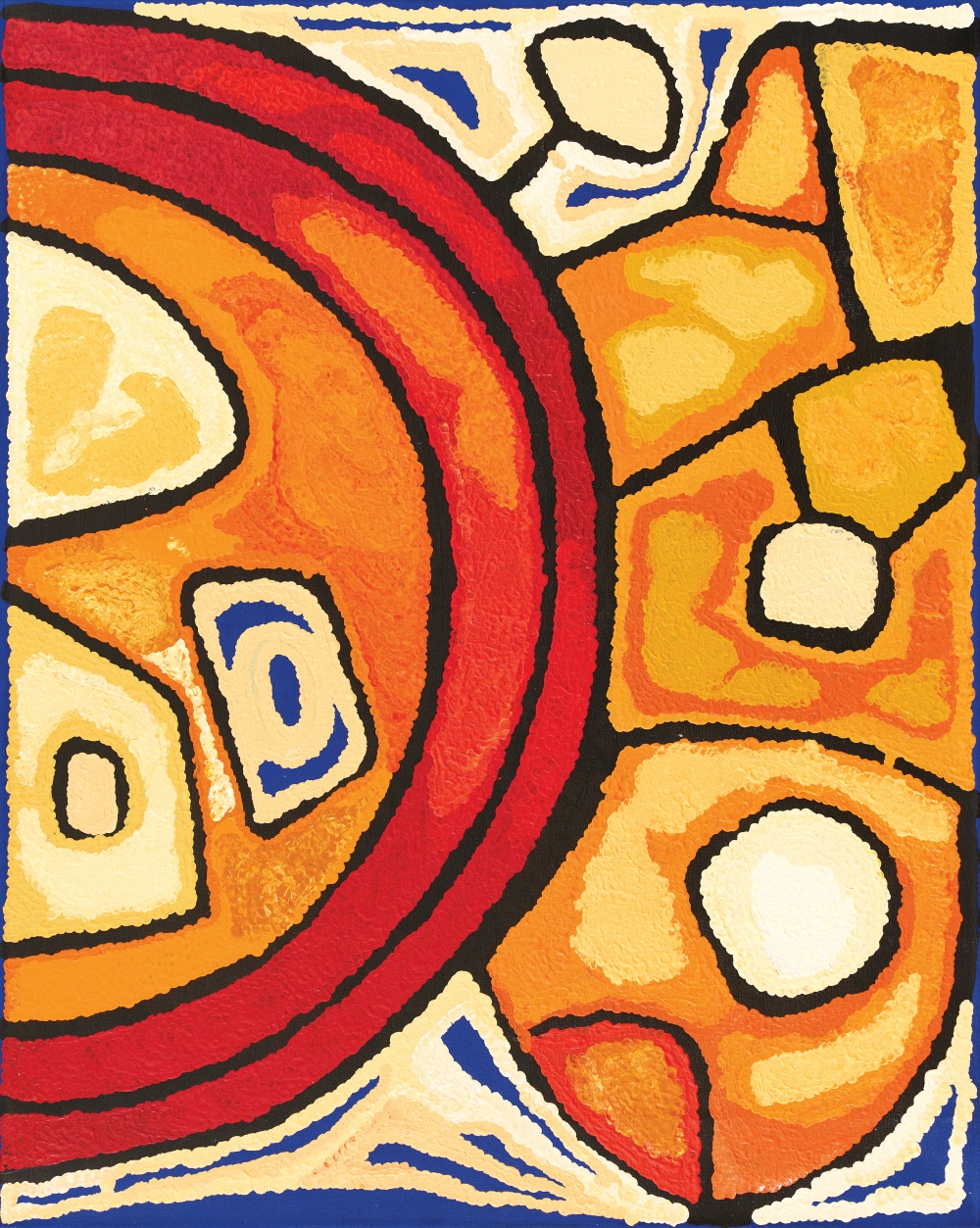 A first nations painting with the colours orange, red, yellow, and small bits of black and blue. It has large concentric circles.