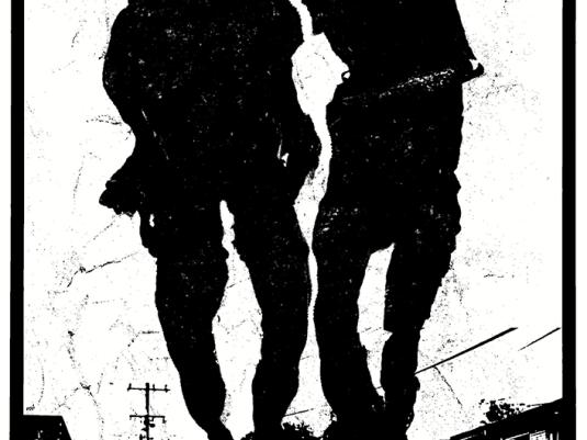 A black and white graphic image of two distorted figures in the middle of a suburban street