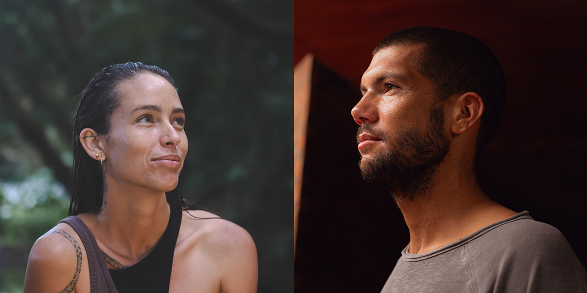 A portrait of Ella Noah Bancroft with a blurred forest background. A profile headshot of Joshua Lynch.