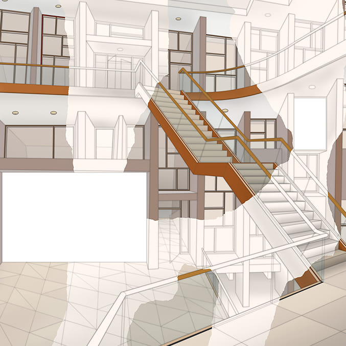 image of building interior detail with staircase, balconies, window and rail details with faded out areas in the image
