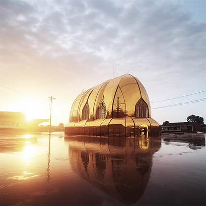 Floating sanctuary space with inflatable domed cvering