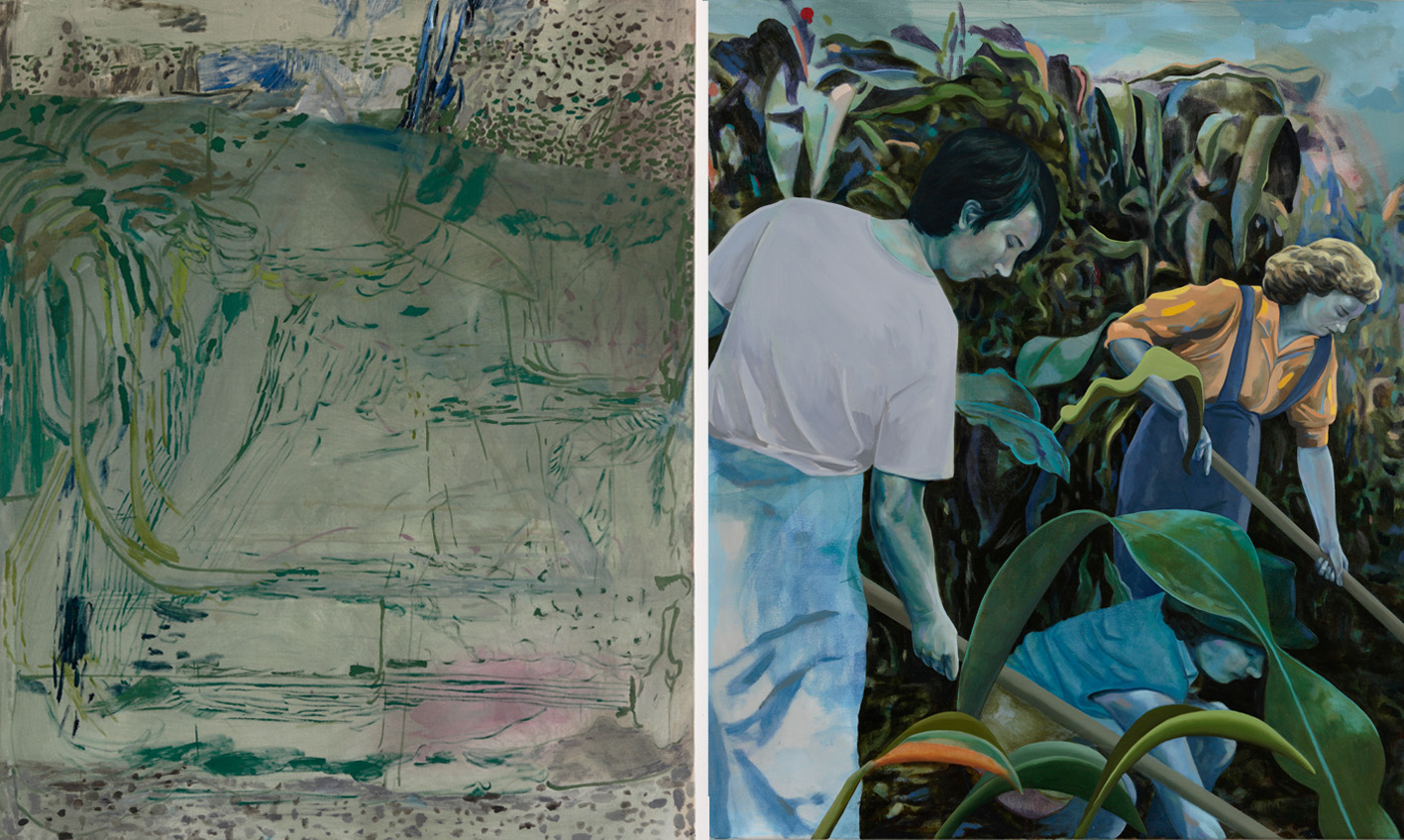 painting of a leaf covered A frame and painting of people gardening