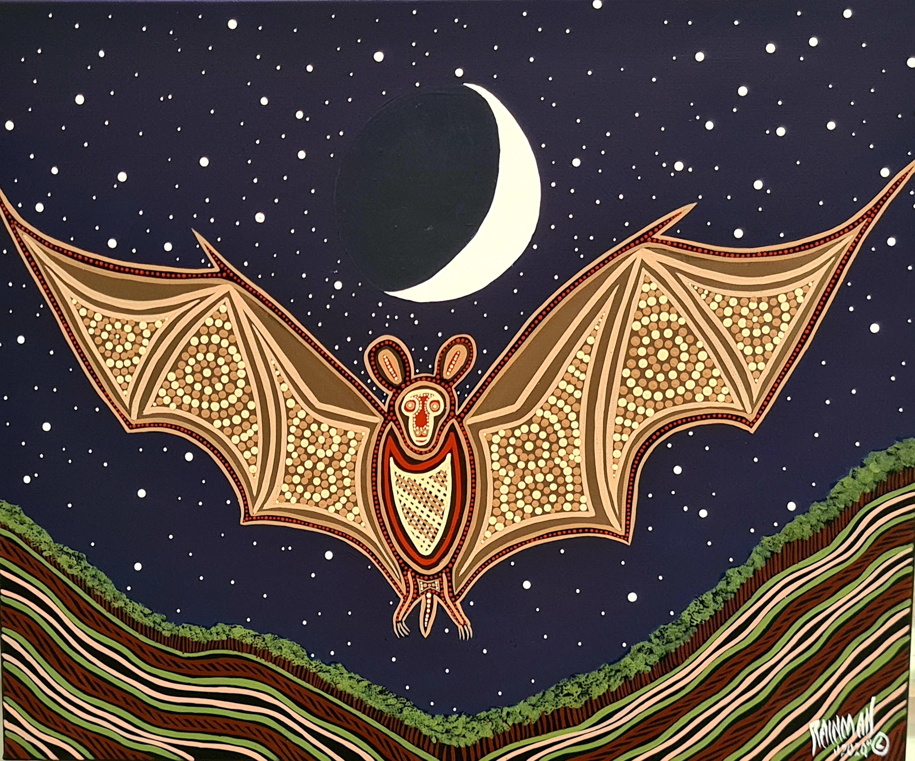 painting of bat flying against night sky