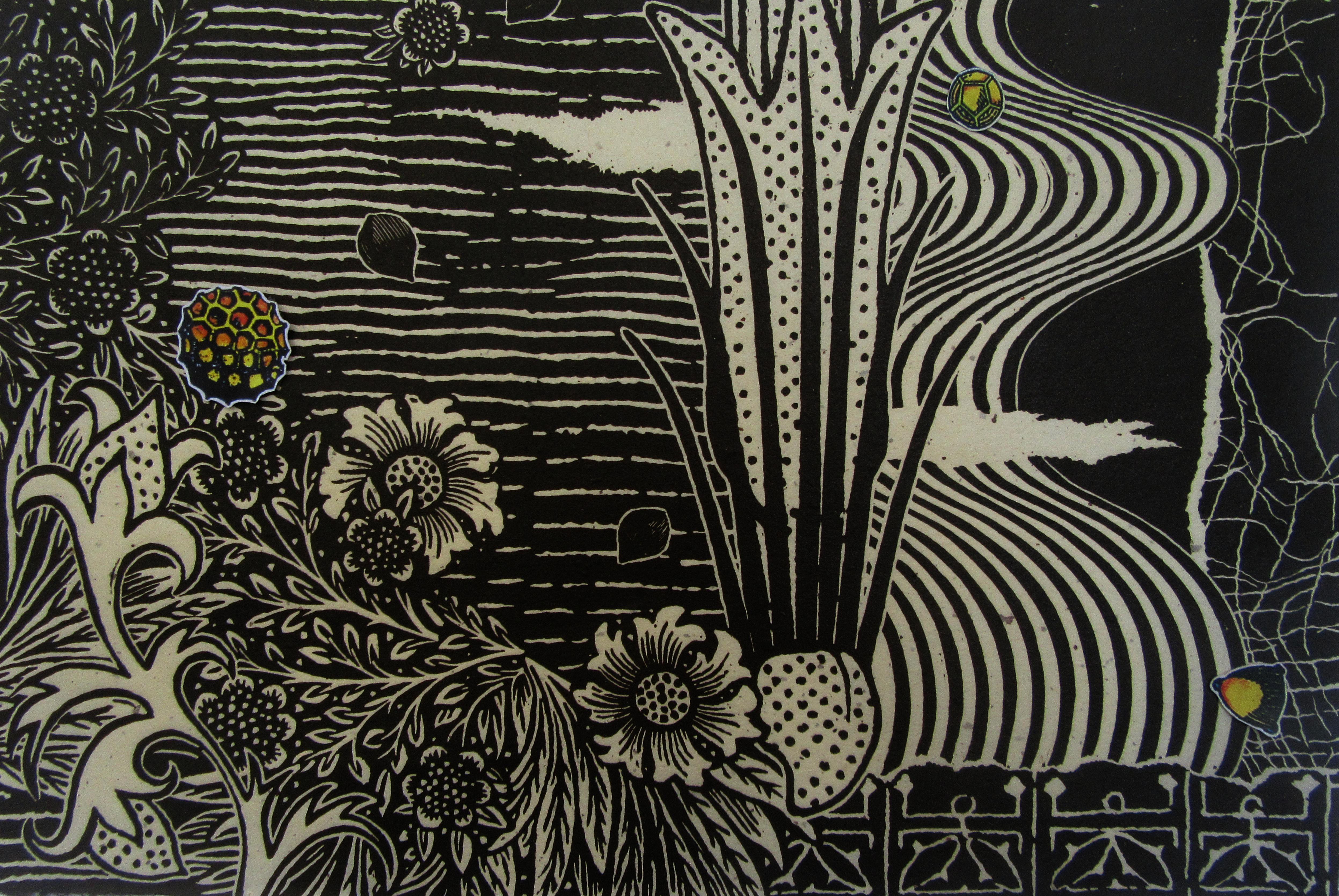 linocut print of plants
