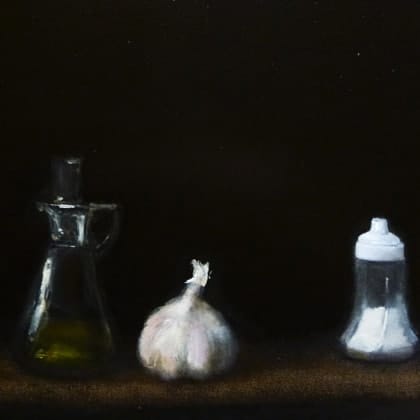 painting of garlic  bulb between pepper and salt shakers