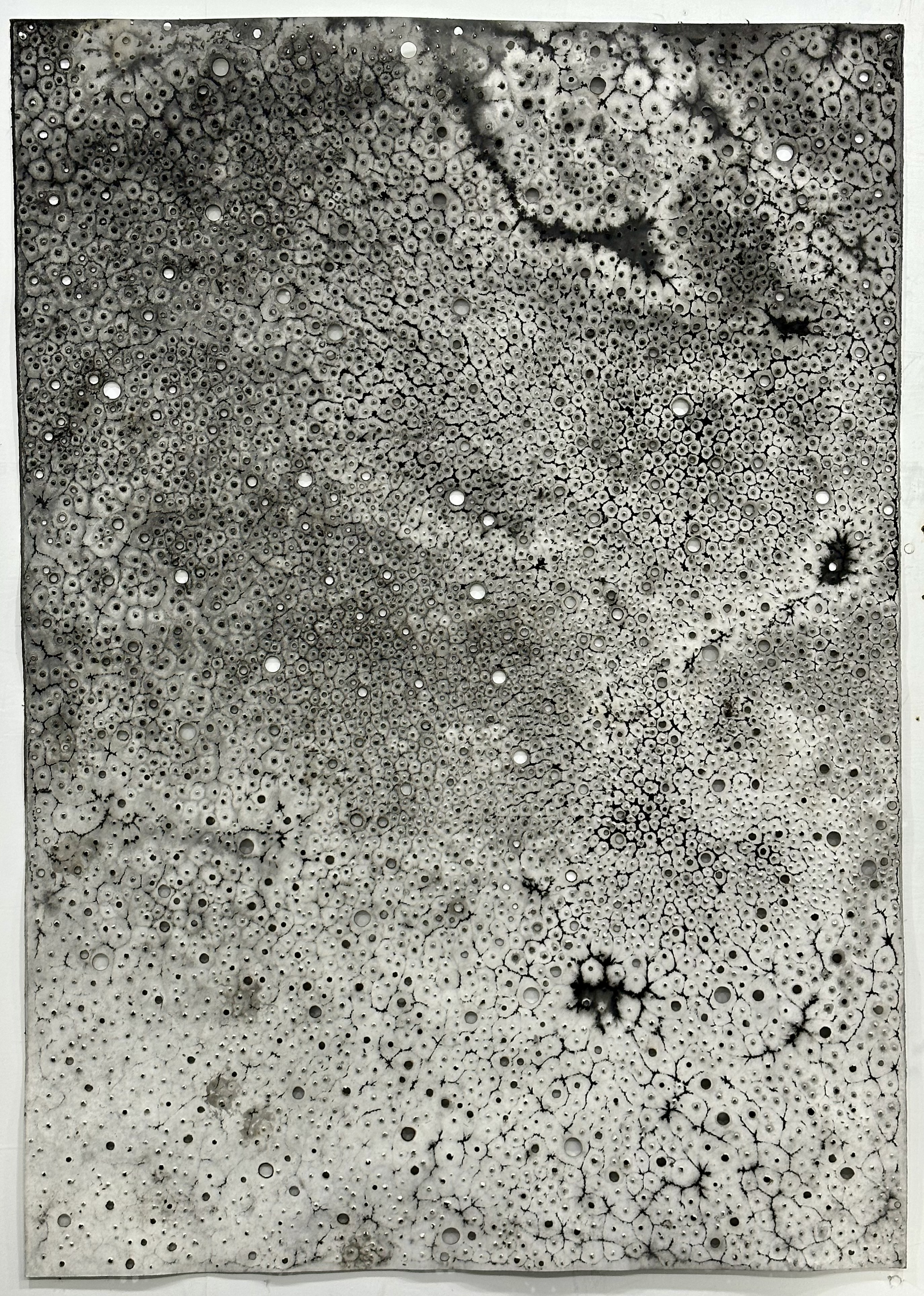 Lindy Lee ‘The topography of rain’ 2022, fire, Chinese ink and rain on archival paper. Donated through the Australian Government’s Cultural Gifts Program by Lindy Lee.