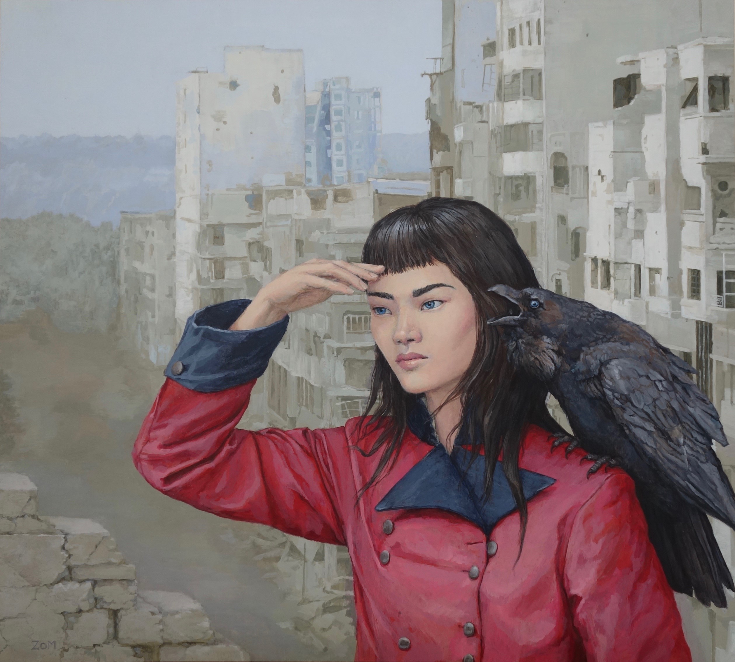 woman in red cot with a bird on her shoulder looking out with a city in ruins behind her