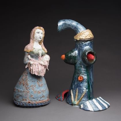 two sculptures representing to two 'types' of women - good 'women' and 'bad' women