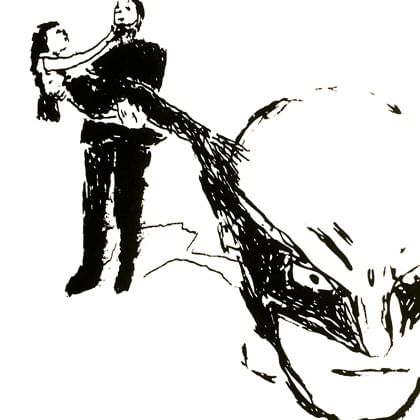 image of Franklenstein holding a mermaid with wolverine in foreground