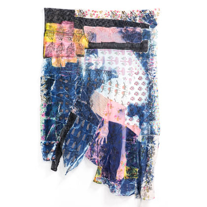 image of woman linocut on Indian textiles