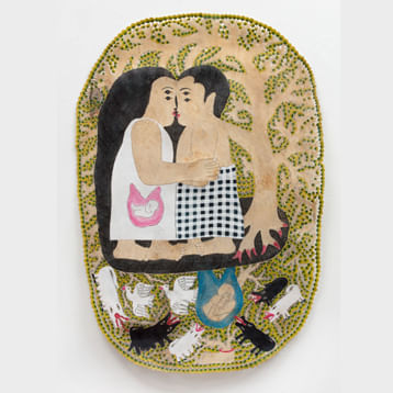 two people together with tree behind them and animals below