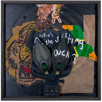 collage with duck, child, kangaroo and tiger