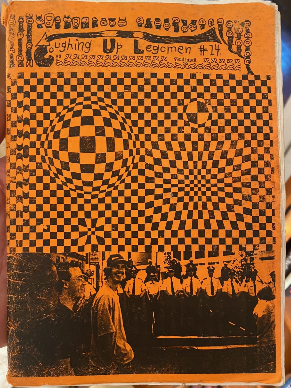 composite image with photos of police, young people and pattern in black squares