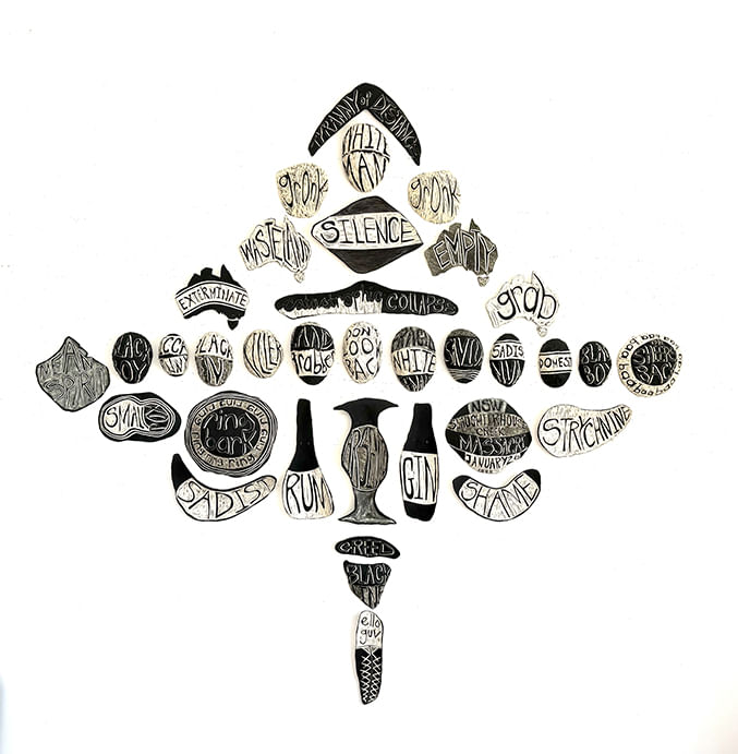 Multiple objects with inscriptions related to the issues concerning Indigenous Australians presented in the form of an elephant.