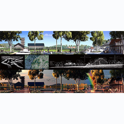 lake with trees and a rainbow