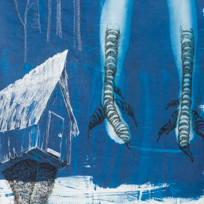 image of house on top of tree trunk with image of bird legs superimposed over human legs