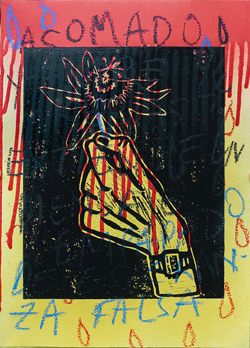 lino print of hand holding flower 