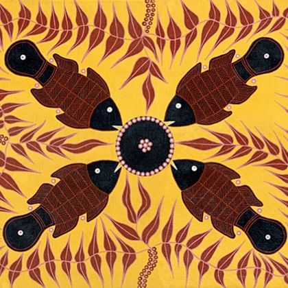 four fish facing circle in the centre of picture with vines between them all