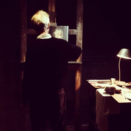 Rear view of artist painting in his studio