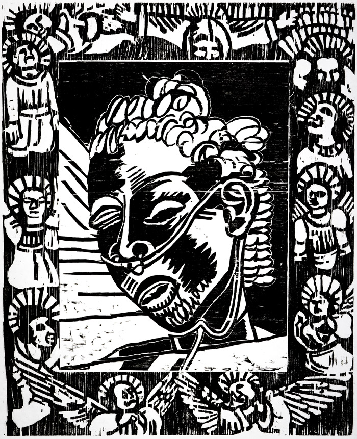 A black and white graphic image of a woman's head, with tubes to assist breathing, as if lying in a hospital bed. 