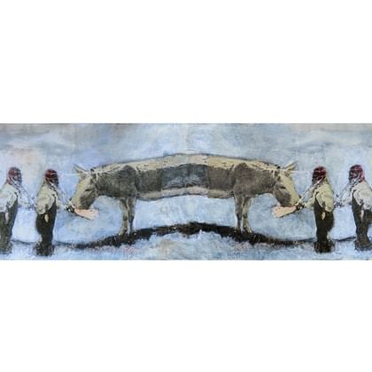 painting of double ended animal with a head at each end with two people near each head