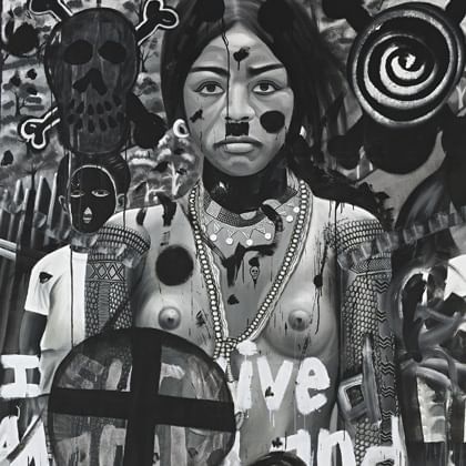 painting of woman with extensive arm tattoos , face paint surround by multiple images including a masked person a skull and cross bones and pieces of text over the whole work
