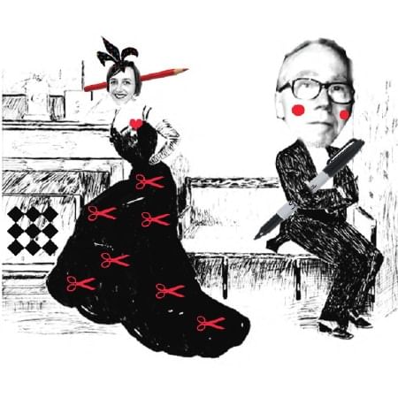woman dressed in formal black gown patterned with red scissors and a large pencil behind her head. A man is sitting on a bench with red dots on his cheeks and a large pen tucked under his arm dots o