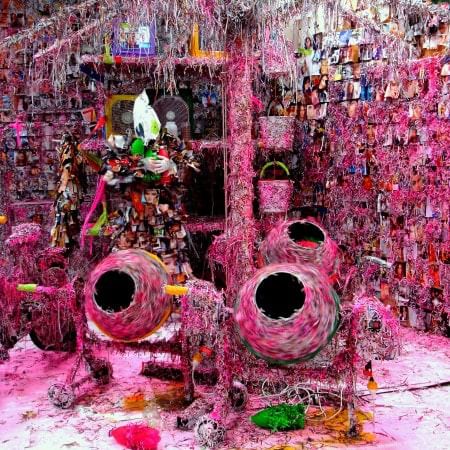 abstract scene that includes buckets cement mixers and multiple images, all covered in bright pink substance t 