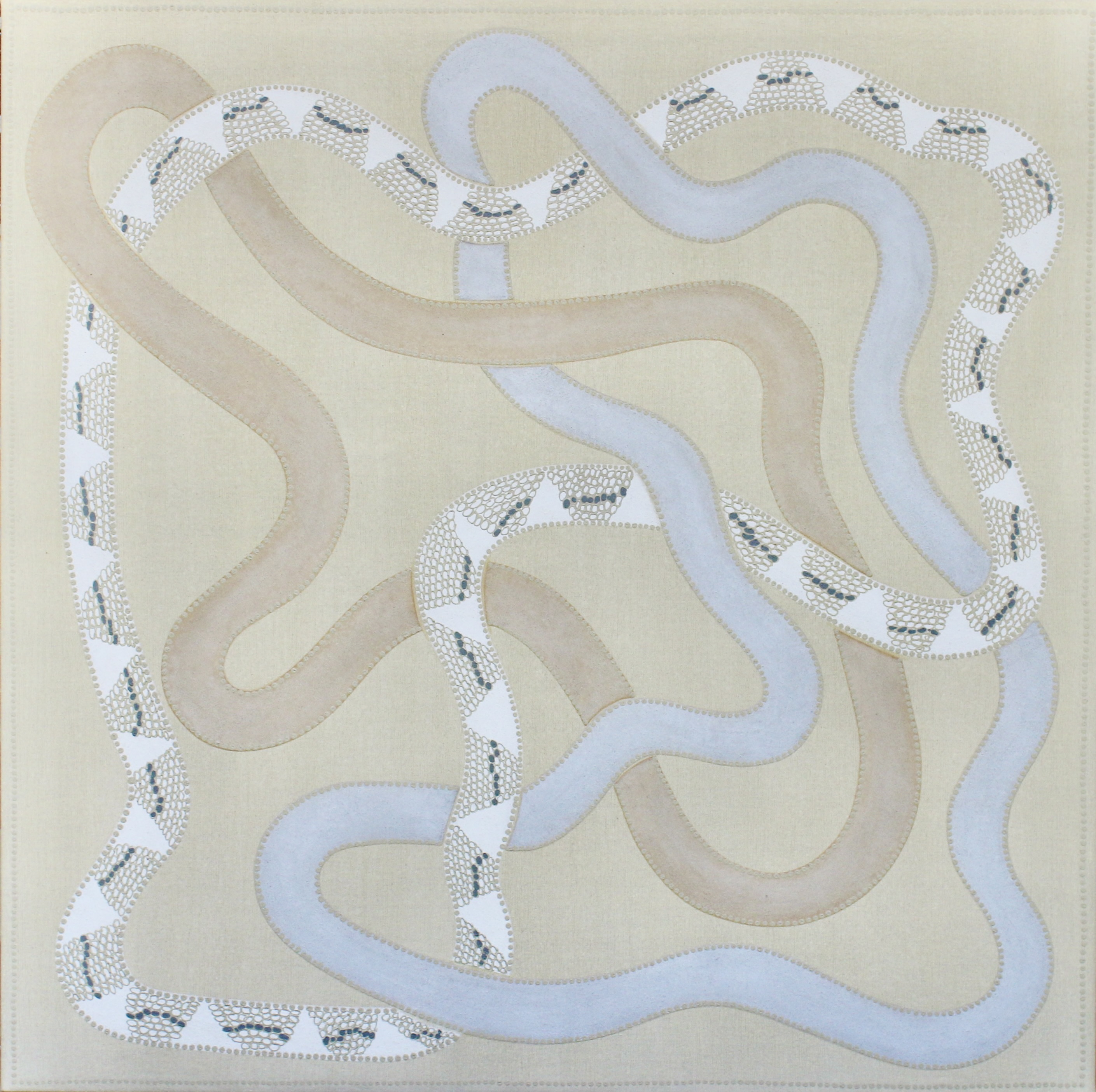 A painting of 3 snakes intertwined in colours beige, pale blue and black and white patterns. On a sandy coloured background. 