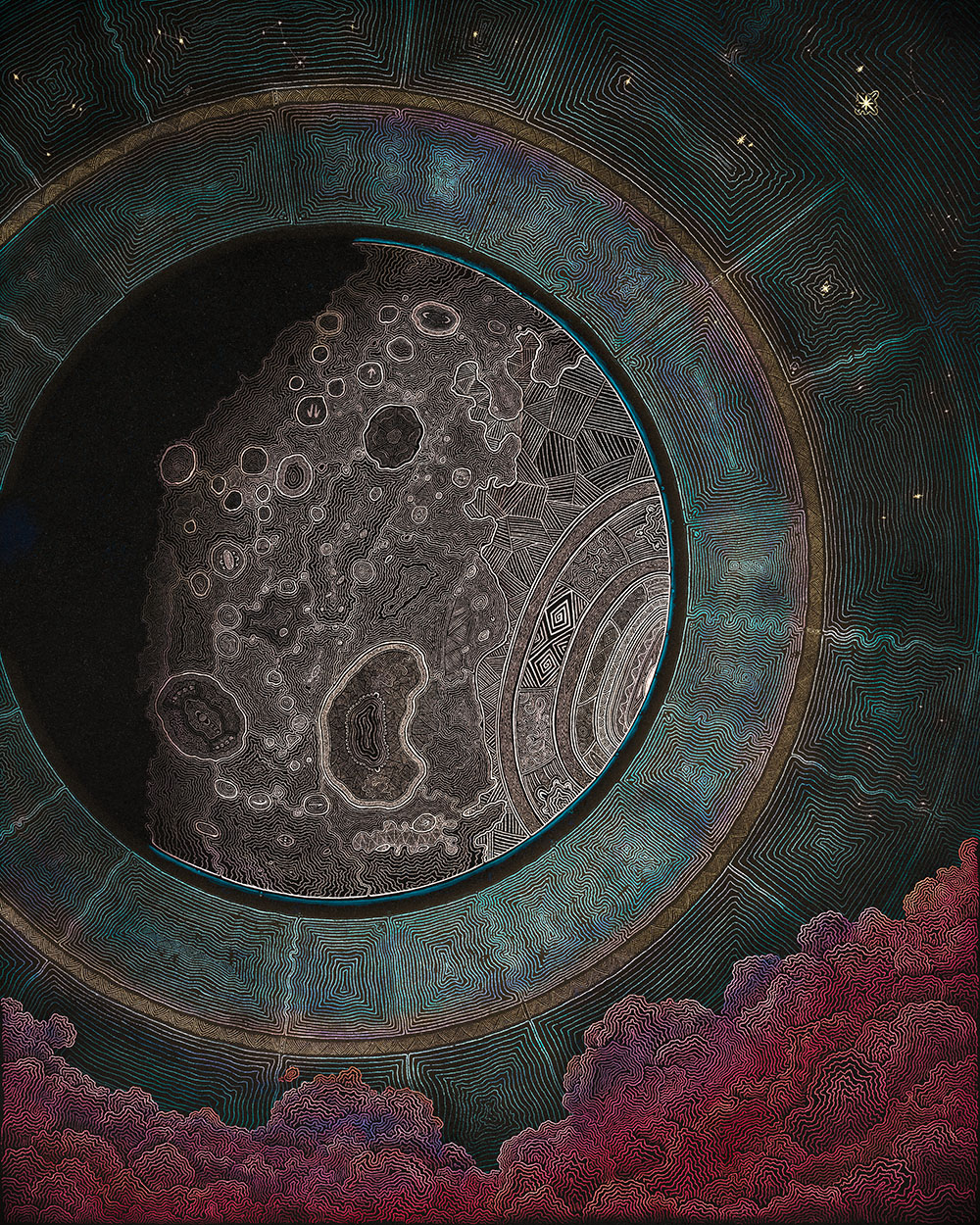 A highly detailed abstract digital painting in greens, pinks, and grey