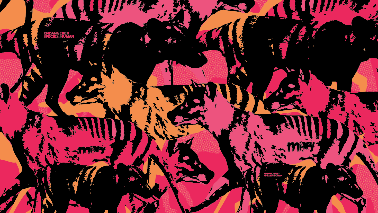 A digital collage in pink, orange and black showing a Thylacine repeated over and over