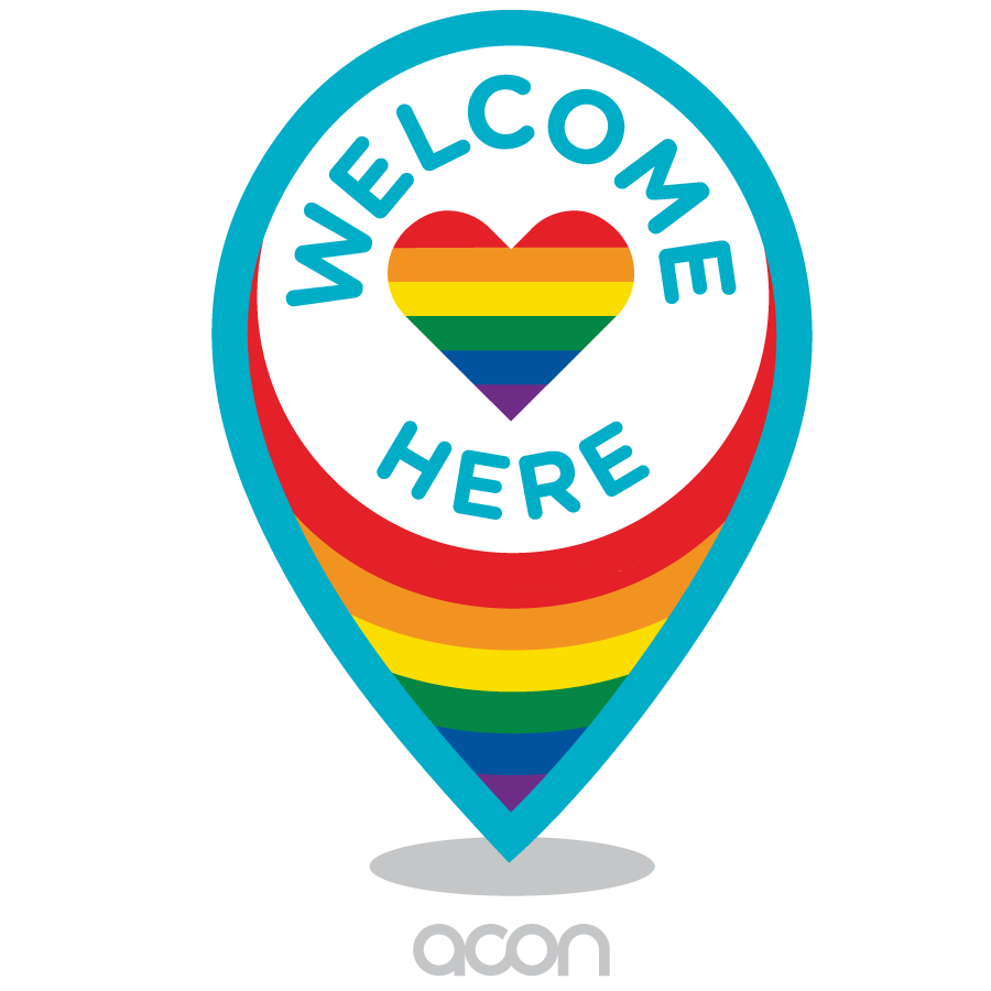 The 'Welcome Here' logo, where LGBTQ+ diversity is celebrated