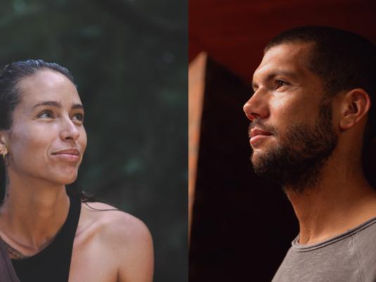 A portrait of Ella Noah Bancroft with a blurred forest background. A profile headshot of Joshua Lynch.