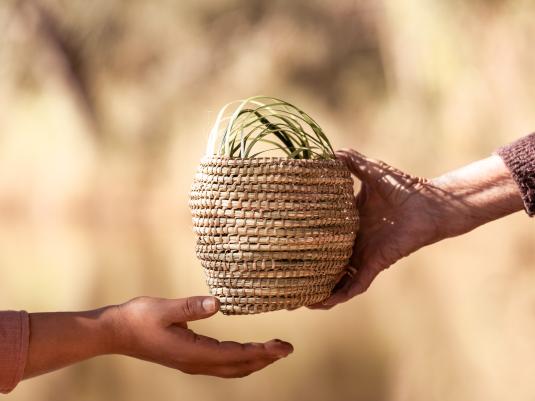 Two hands passing a woven basket to each other