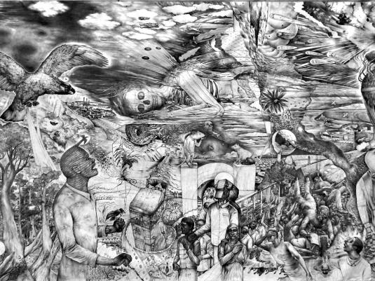 Drawing with multiple depcitions of people and nature