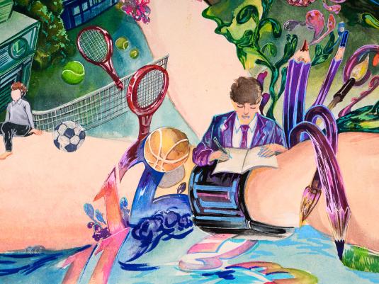 A colourful and imaginative watercolour painting with a tennis court, student and overseize pencils