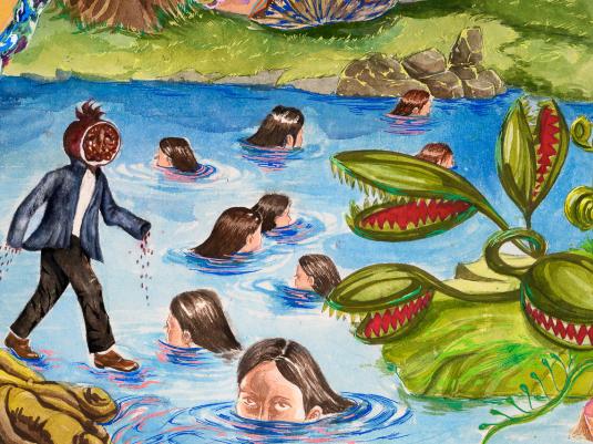A colourful painting of people in a waterhole, with oversize carnivorous plants