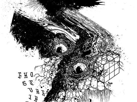 A black and white graphic artwork of black bird turning into swirling paint and eyeballs
