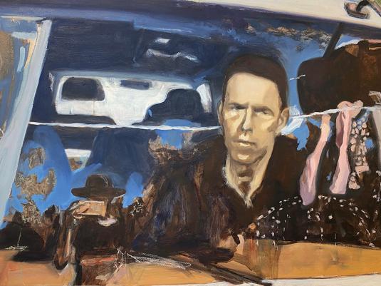 A dream like painting with people, the inside of a car, a clothes line...