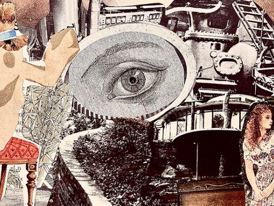 collage with musical instruments, parts of buildings a woman, and drawings of a cartoon creature and an eye