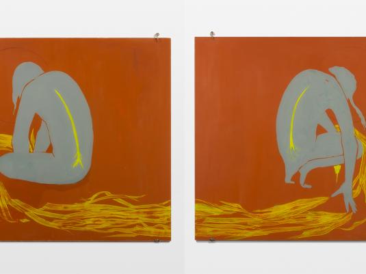 An orange, yellow and grey painting of two figure hunched over exchanging flames, by Clare Milledge