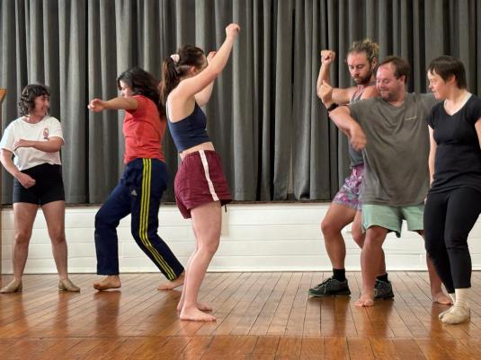 6 people with mixed abilities dancing together and having fun in a dance studio